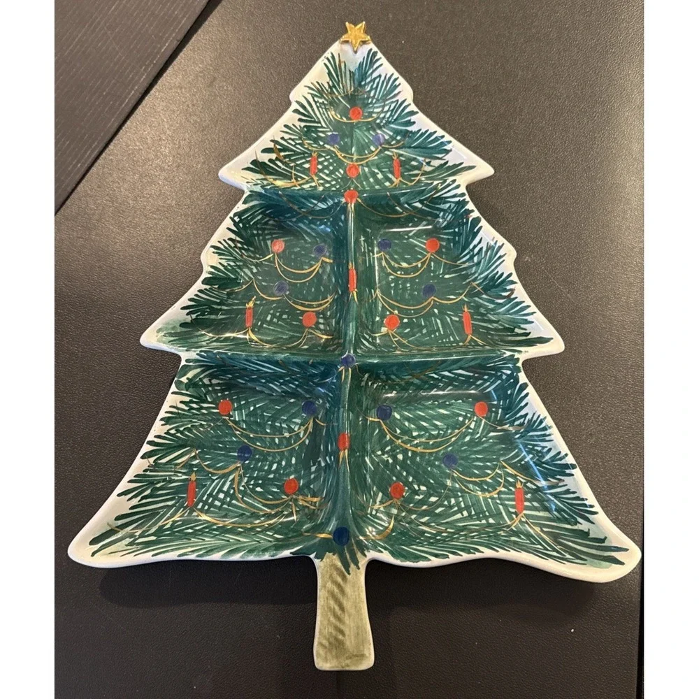 Vintage Handpainted Ceramic Christmas Tree Divided Serving Tray Dish Italy